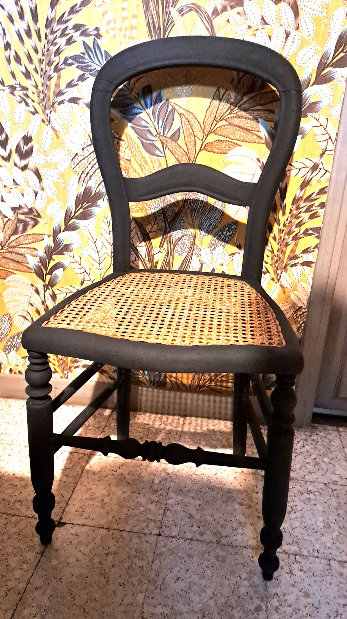 Pair of 2 chairs with cane seats in black wood, circa 1940