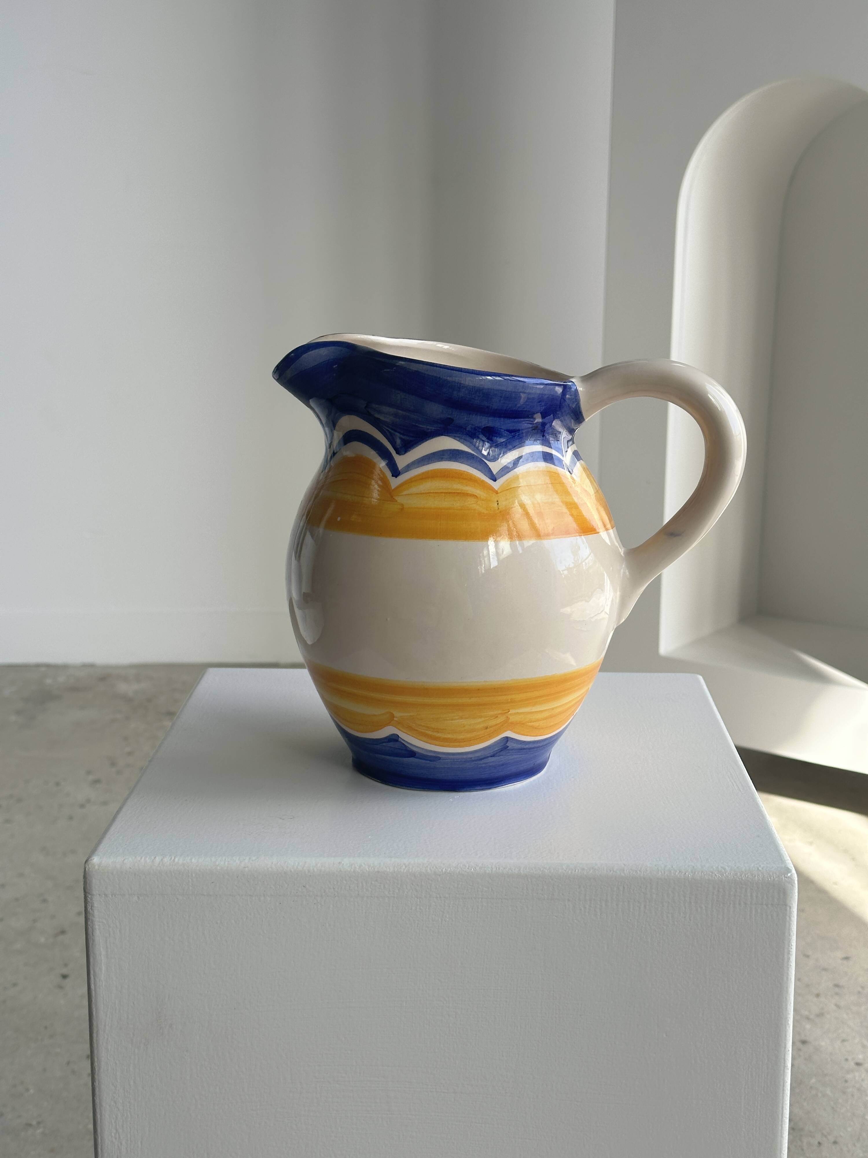 Large blue and yellow hand painted carafe H:20cm