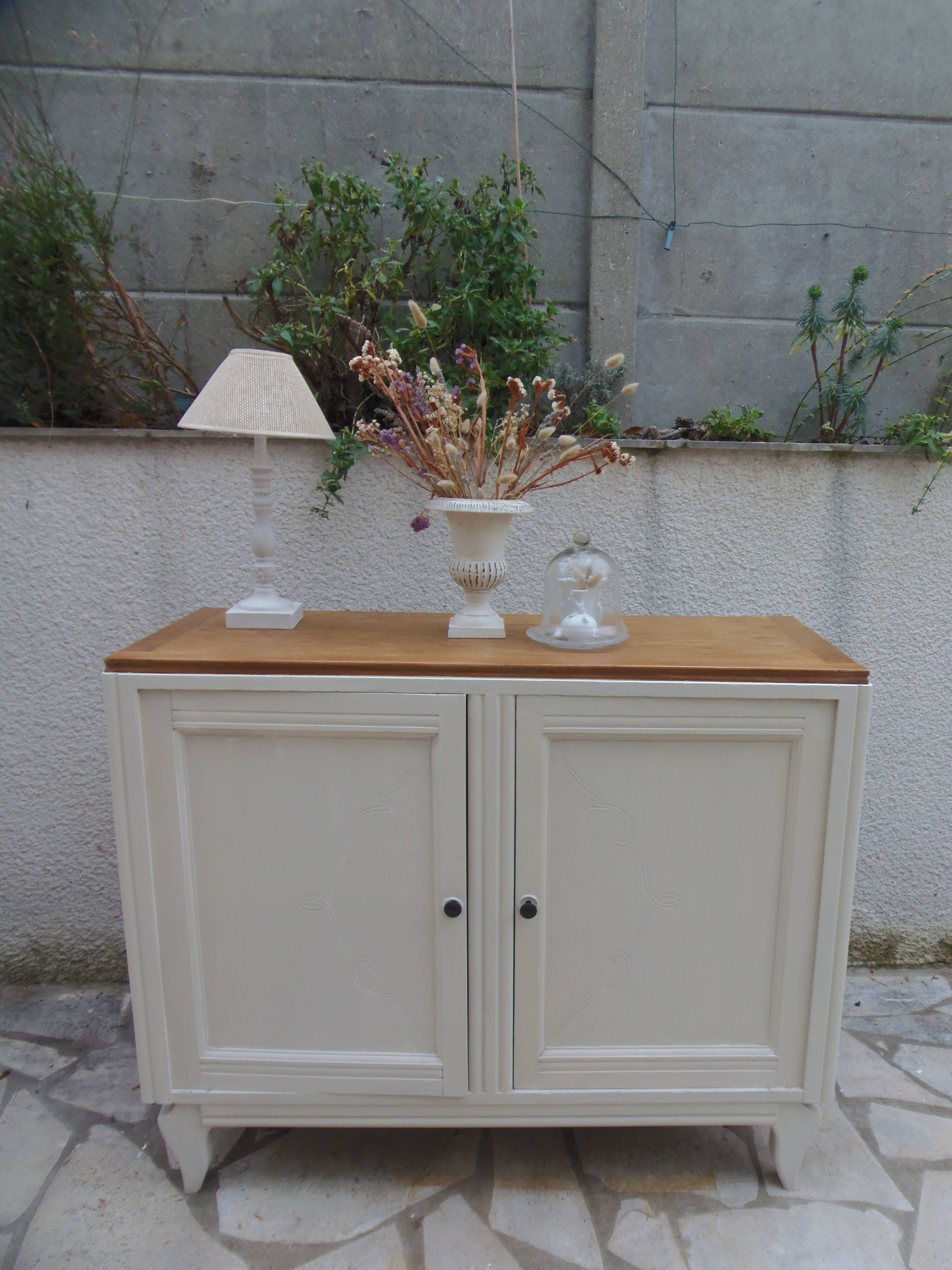Buffet vintage Beige, plateau chêne.