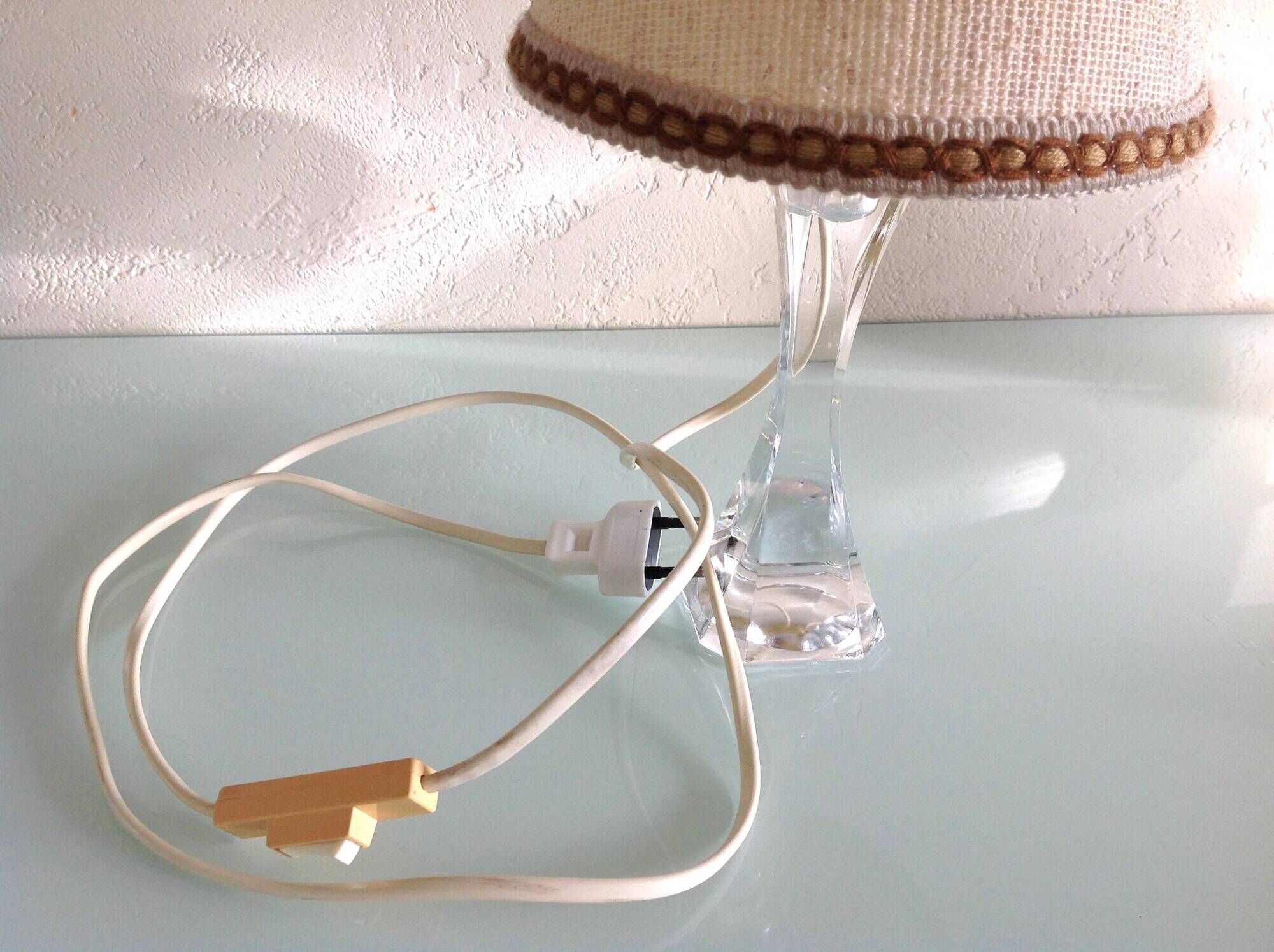Bedside lamp with glass base and beige fabric lampshade / vintage 60s-70s