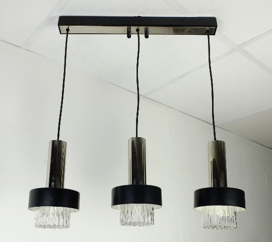 Mid century modern 3-light pendant lamp glass and chrome and black metal 1960s