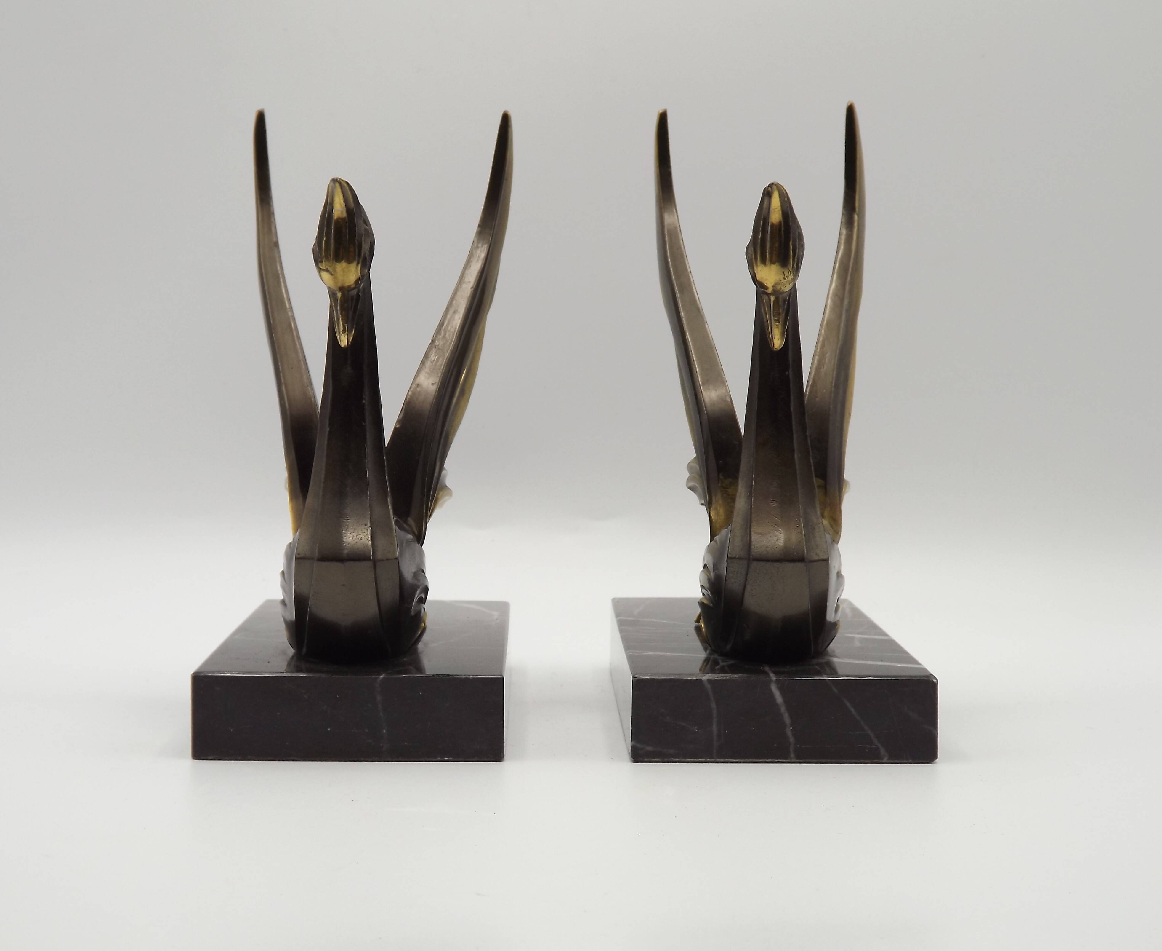 French Art Deco Bronzed Effect Spelter Swan Book Ends Black Marble Base