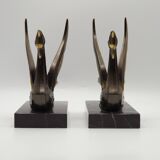 French Art Deco Bronzed Effect Spelter Swan Book Ends Black Marble Base