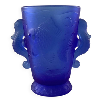 Barolac Josef Inwald Bohemian Art Deco Seahorse Vase, Rare Model, Blue