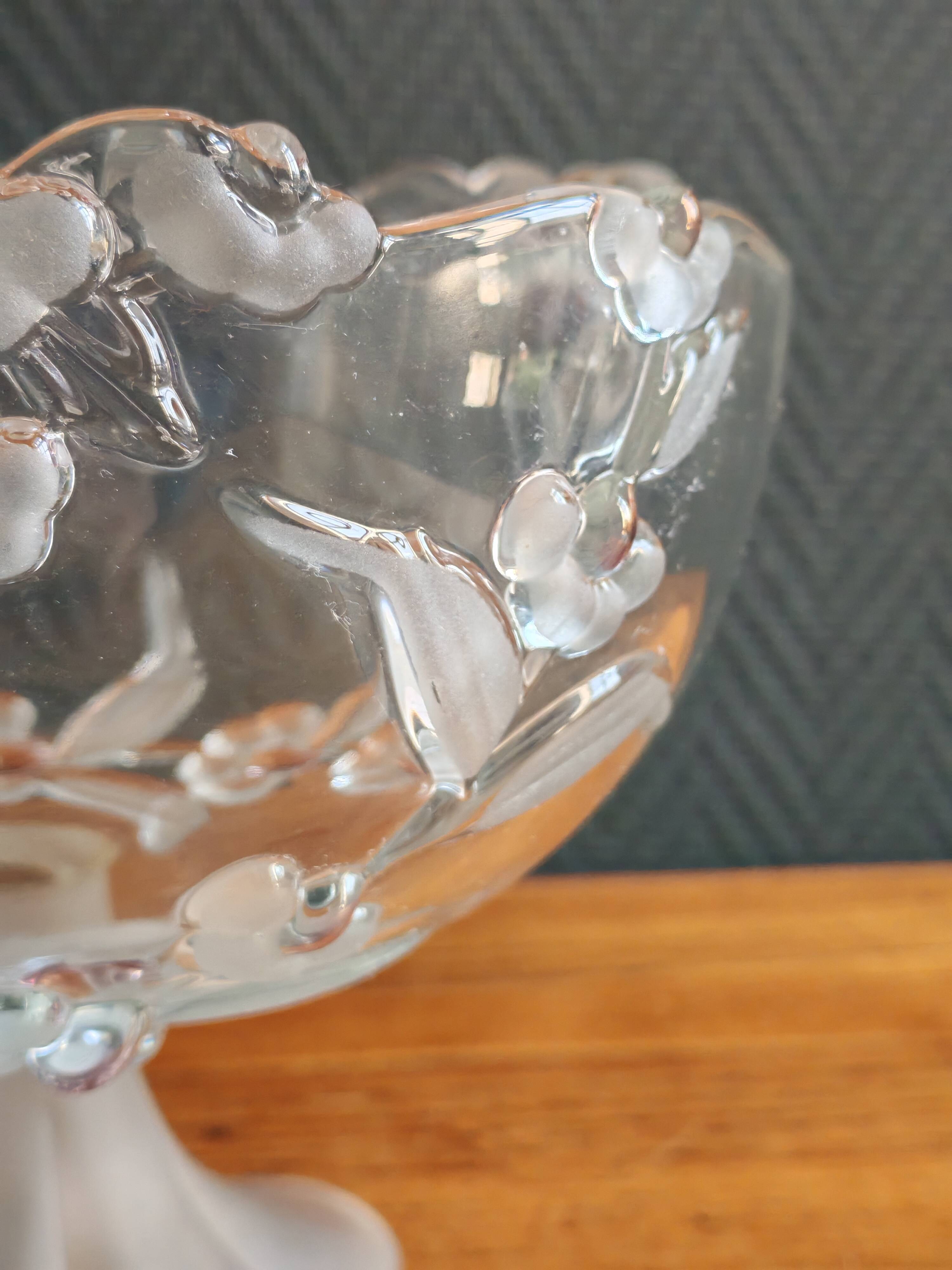 Vintage Frosted Glass Footed Bowl – Relief Decor of Pink Flowers