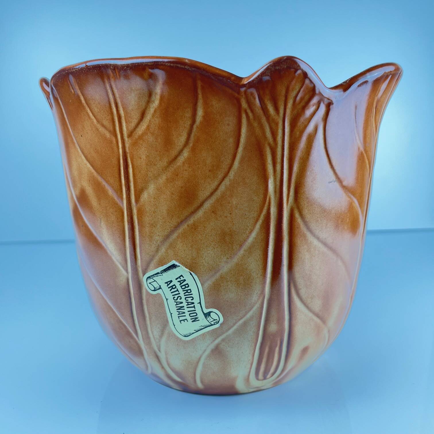 Brown earthenware flowerpot with ribbed leaf effect, 1960/70