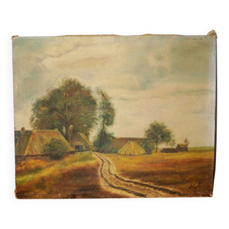 vintage landscape painting on canvas * signed rural countryside scene
