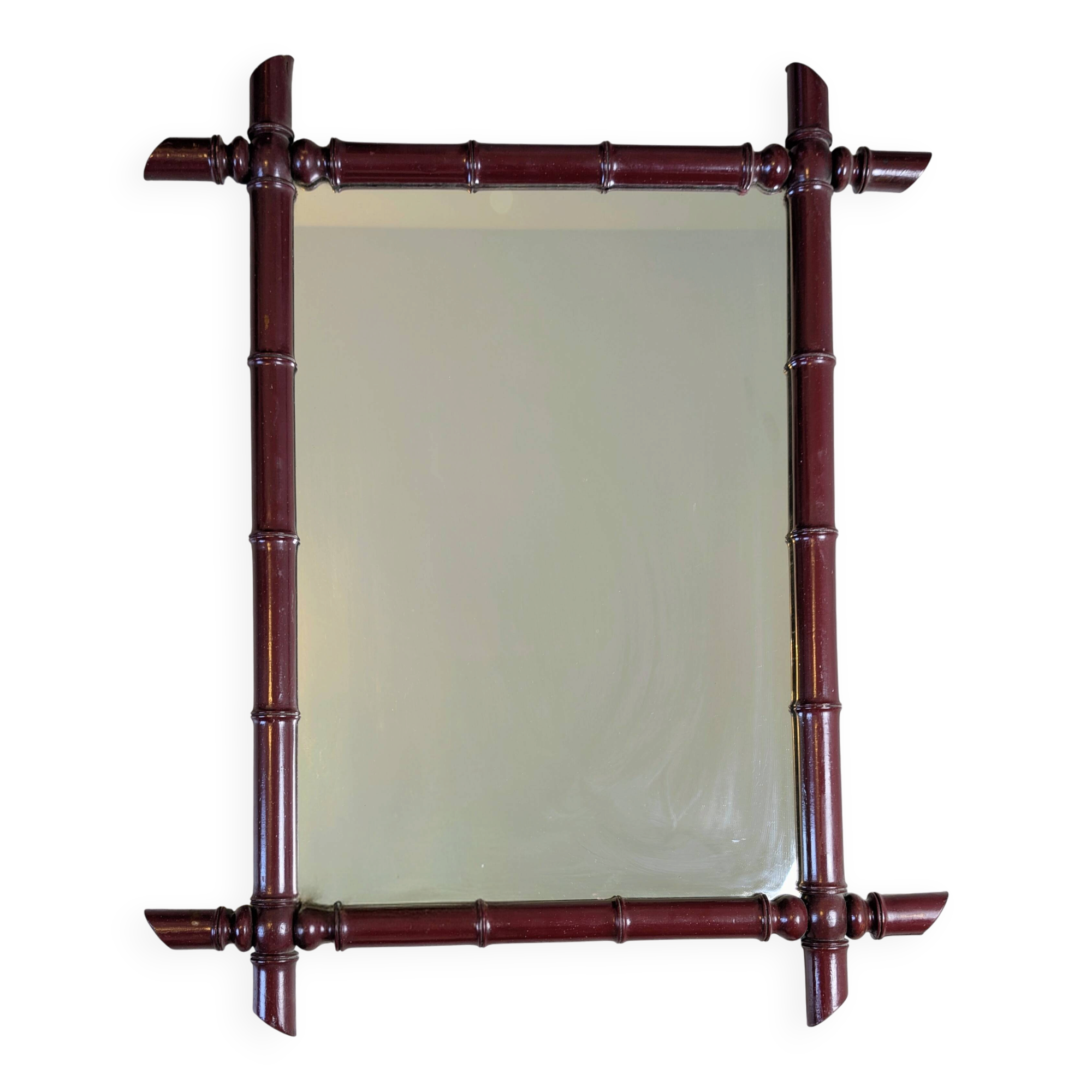 Vintage mirror with a bamboo effect in burgundy, chic exotic style - 79 x 64 cm