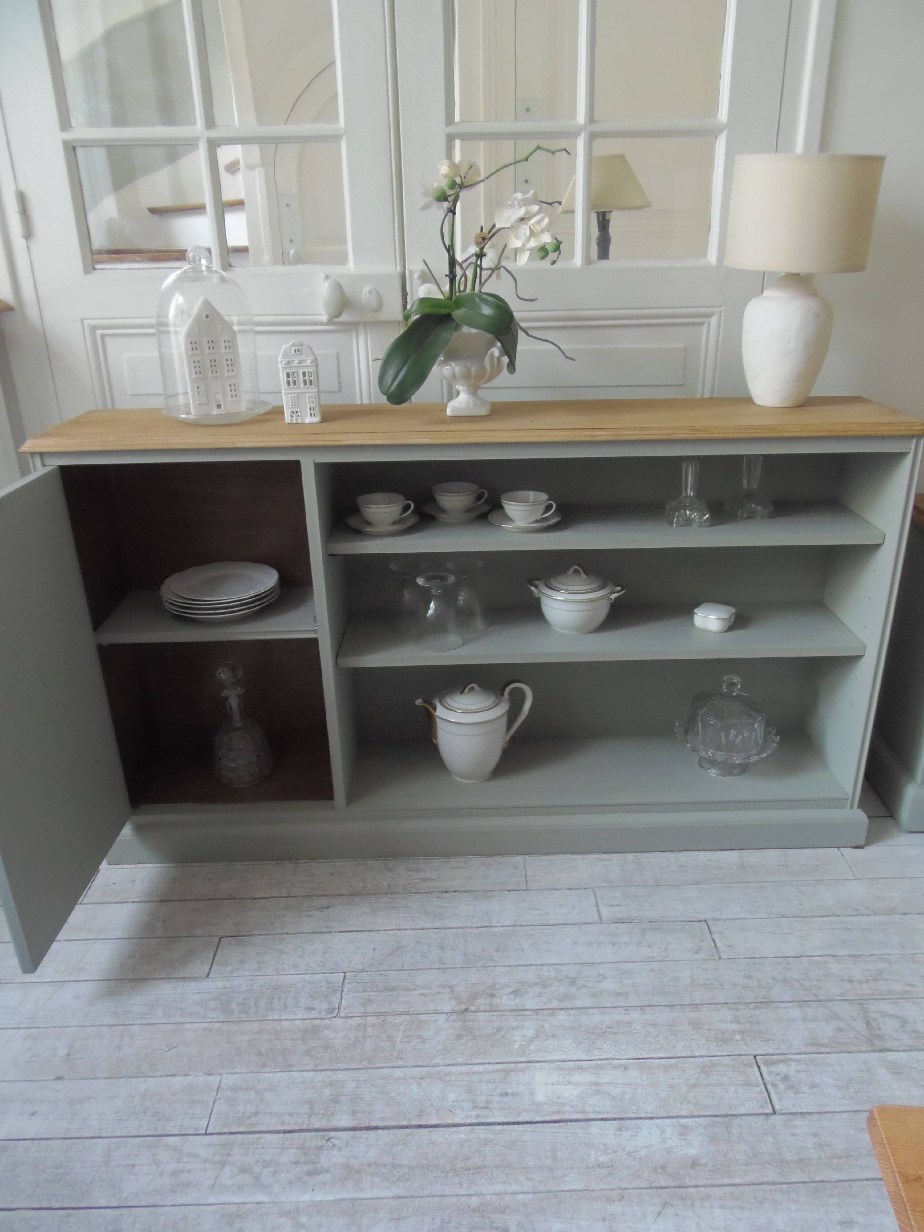 Furniture, vintage bookcase re-enchanted in verdigris, wooden top.