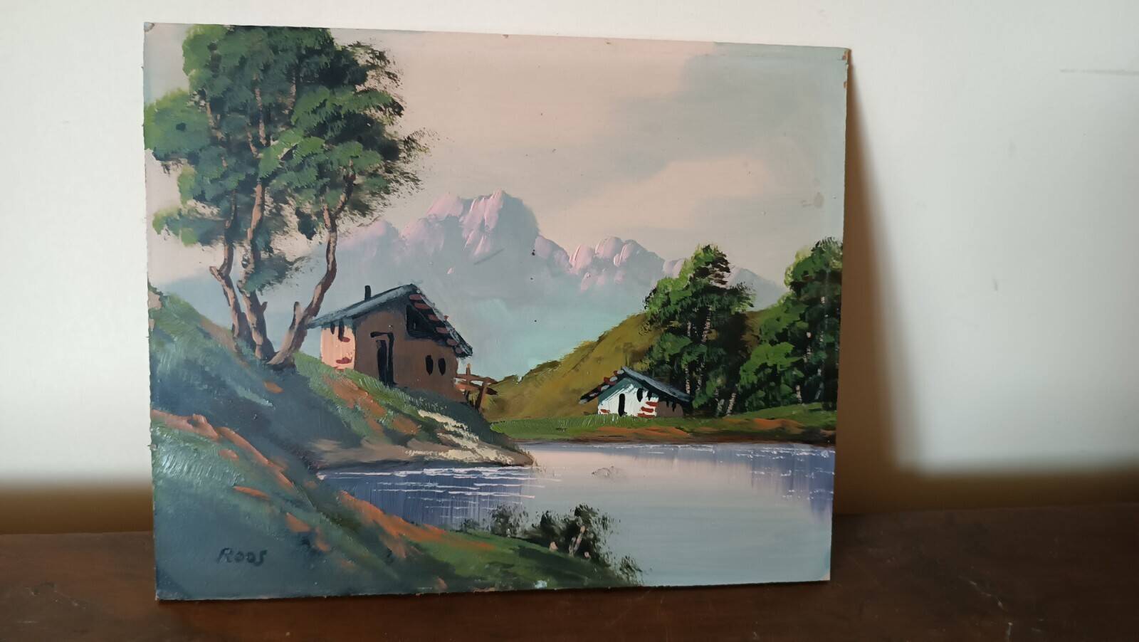 Oil painting on faesite from the 50s signed roos mountain landscape