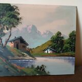 Oil painting on faesite from the 50s signed roos mountain landscape