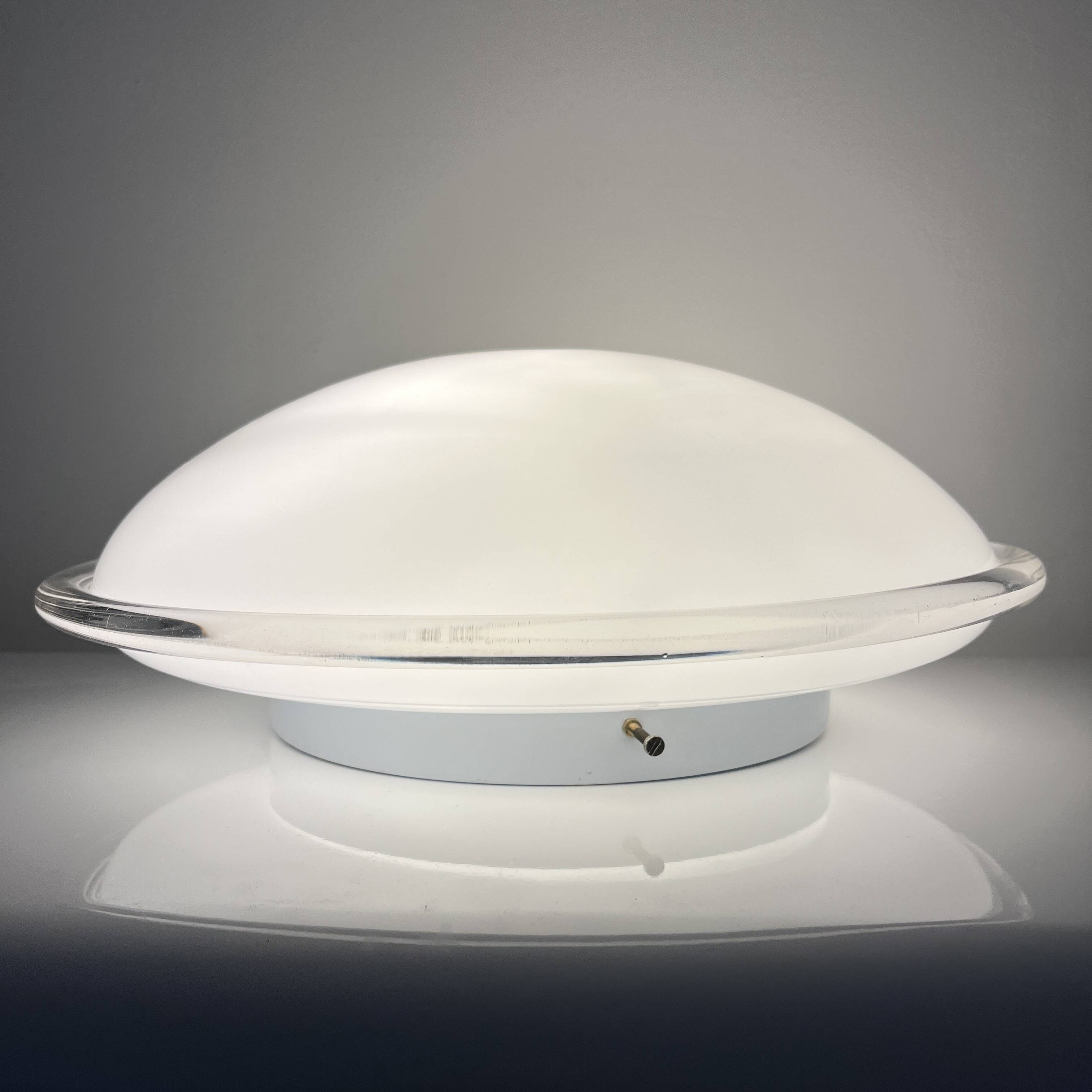 Vintage opal glass ceiling light Saturne Leucos 1970 Italy Diameter 39