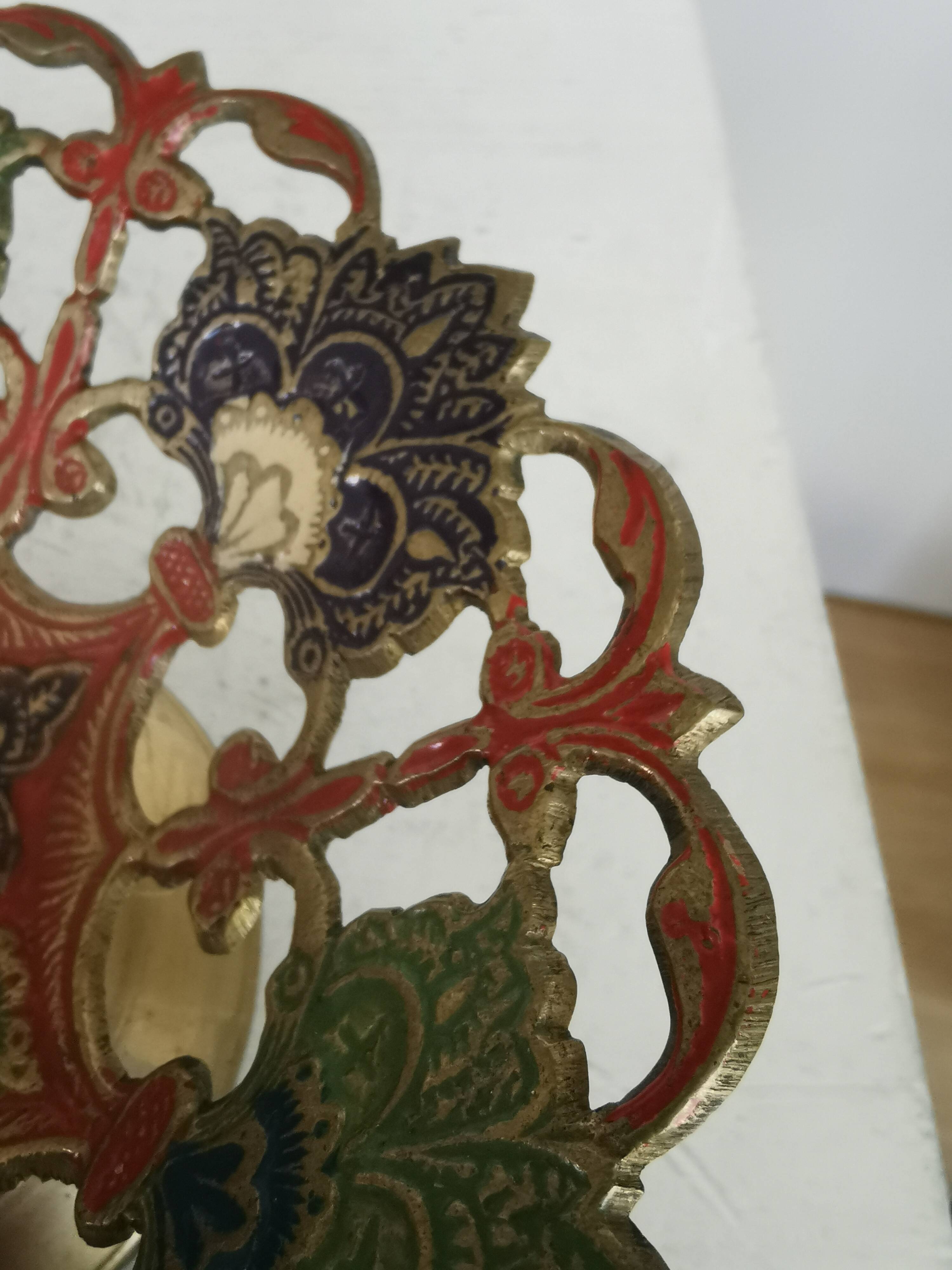 Vintage Brass Pedestal Bowl: Floral Motif, Red Blue Green Painted