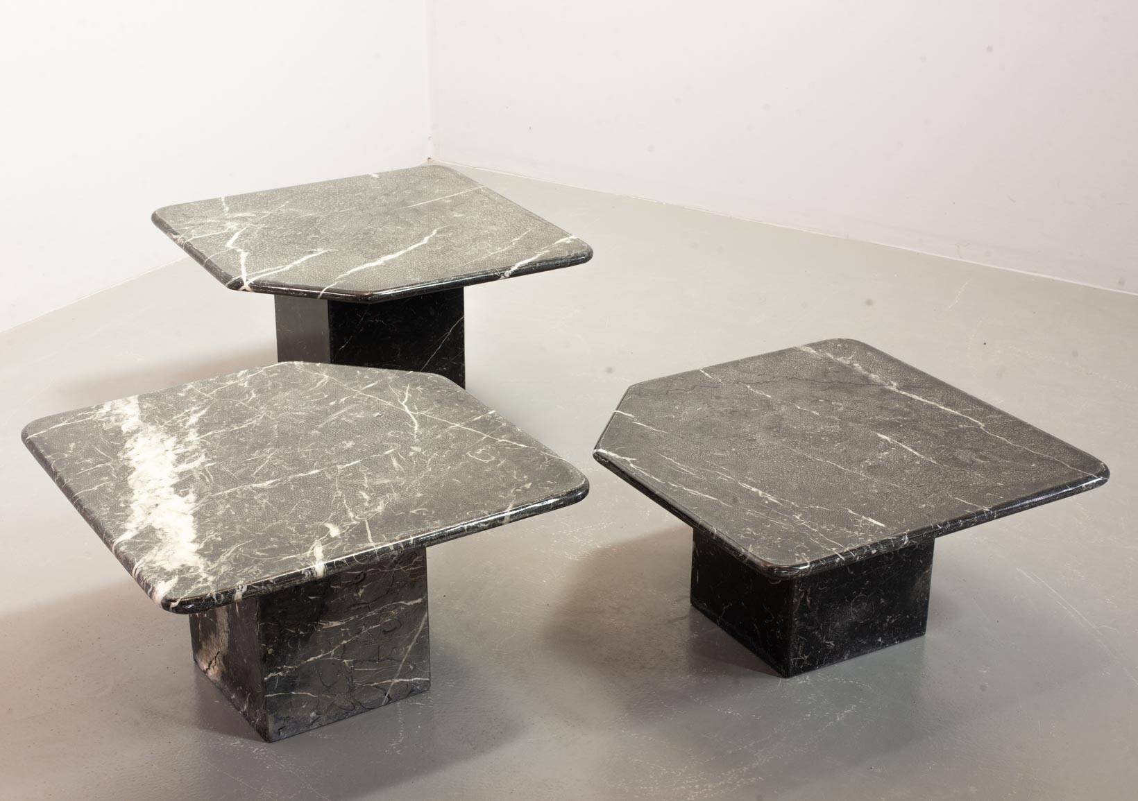 Italian Trio of Black Carrara Marble Side Tables with Oblique Angle, 1970s.