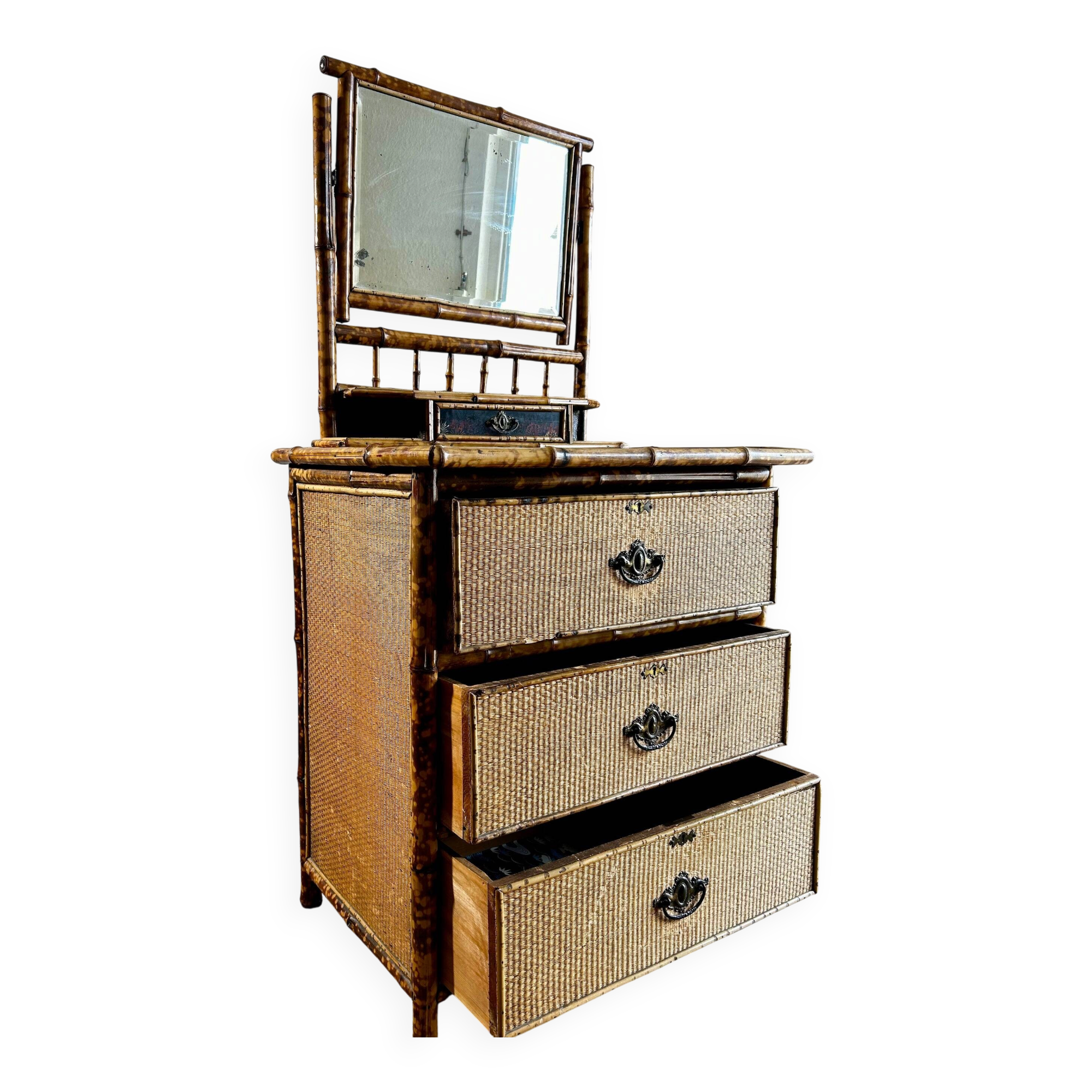 Victorian tiger bamboo, cane & chinoiserie dressing table with drawers, England 1880s, aesthetic movement