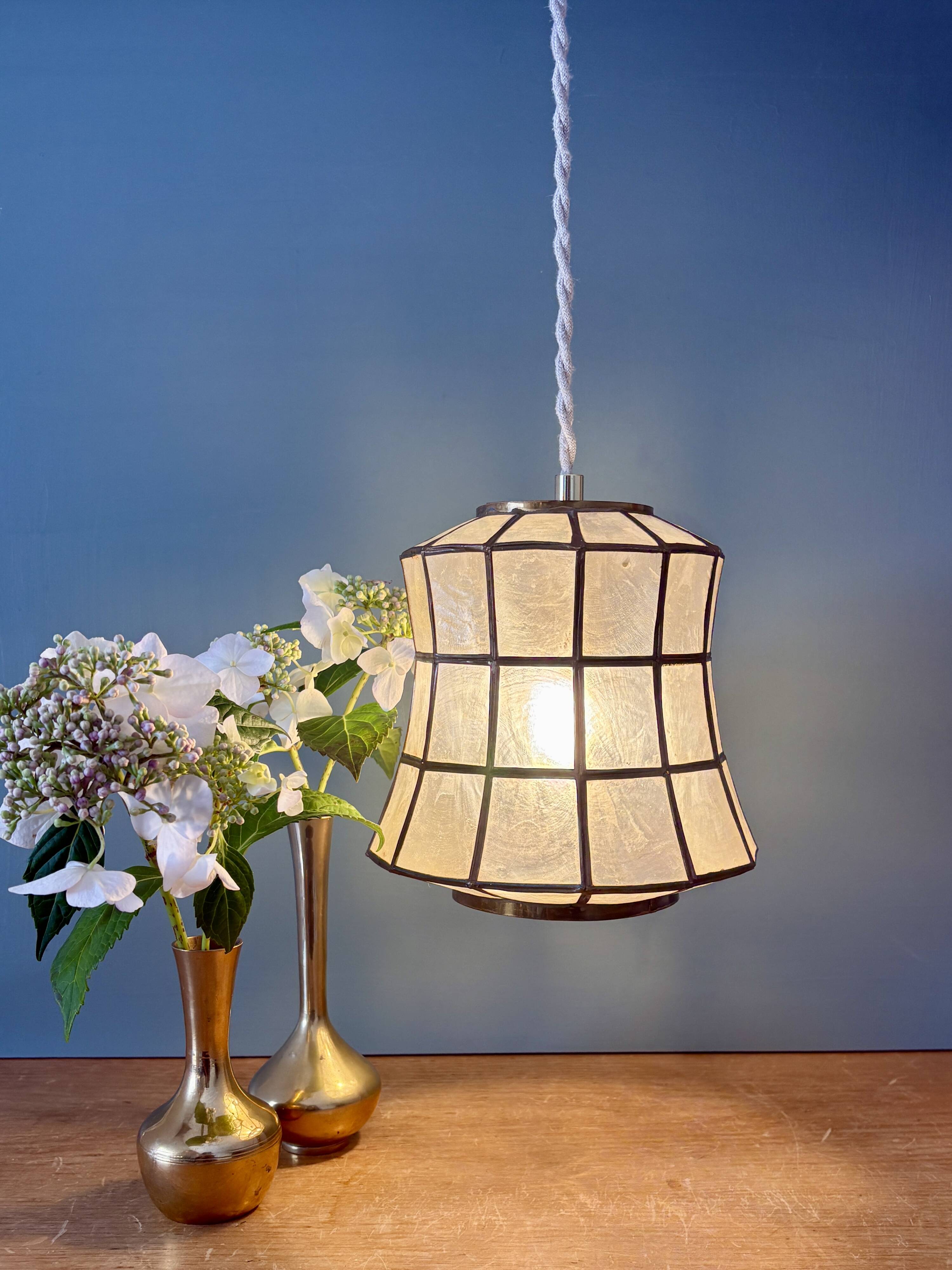 Vintage mother-of-pearl and brass lampshade pendant light