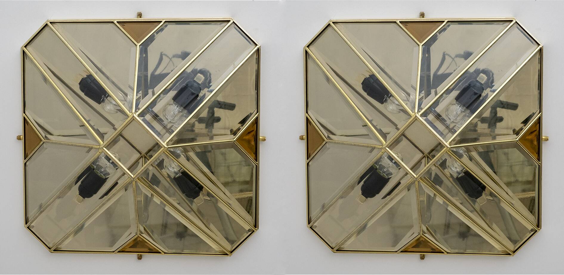 Mid-Century Modern Italian Brass and Frosted Glass Ceiling Lights, '70