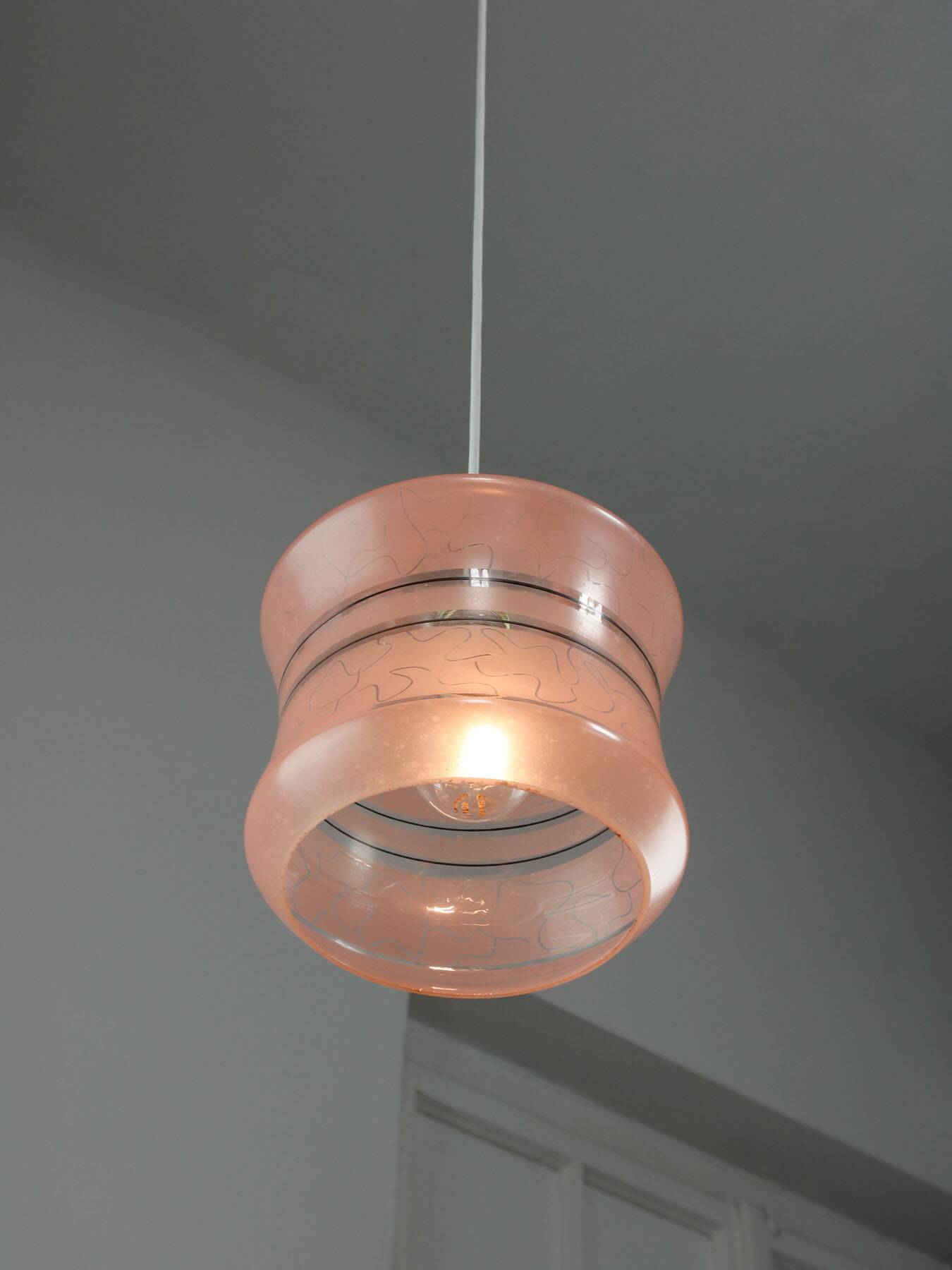 Vintage Italian Chrome and Pink Glass Pendant Lamp