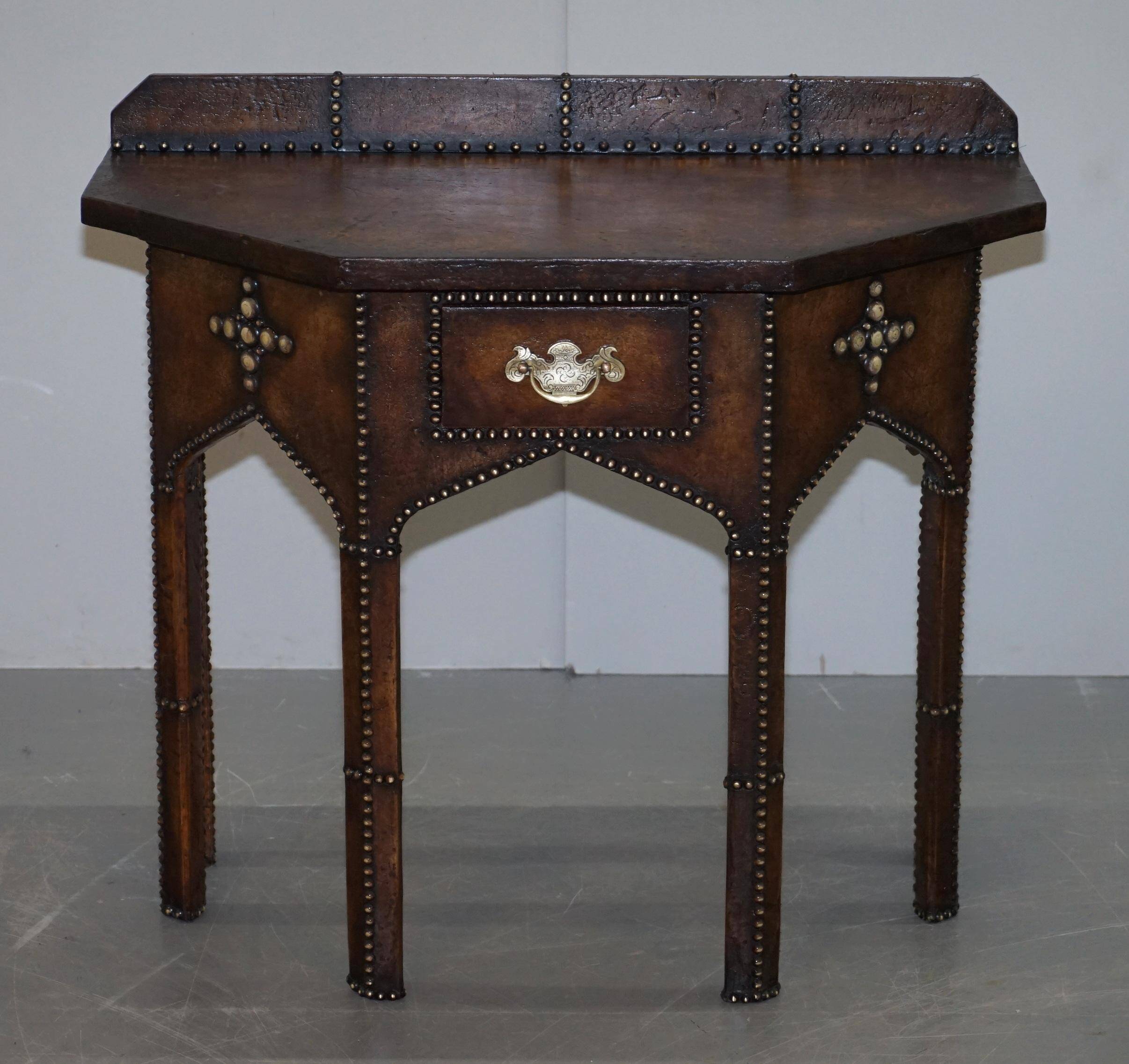 Antique Leather Studded Console Table in Gothic Pugin Style Restored