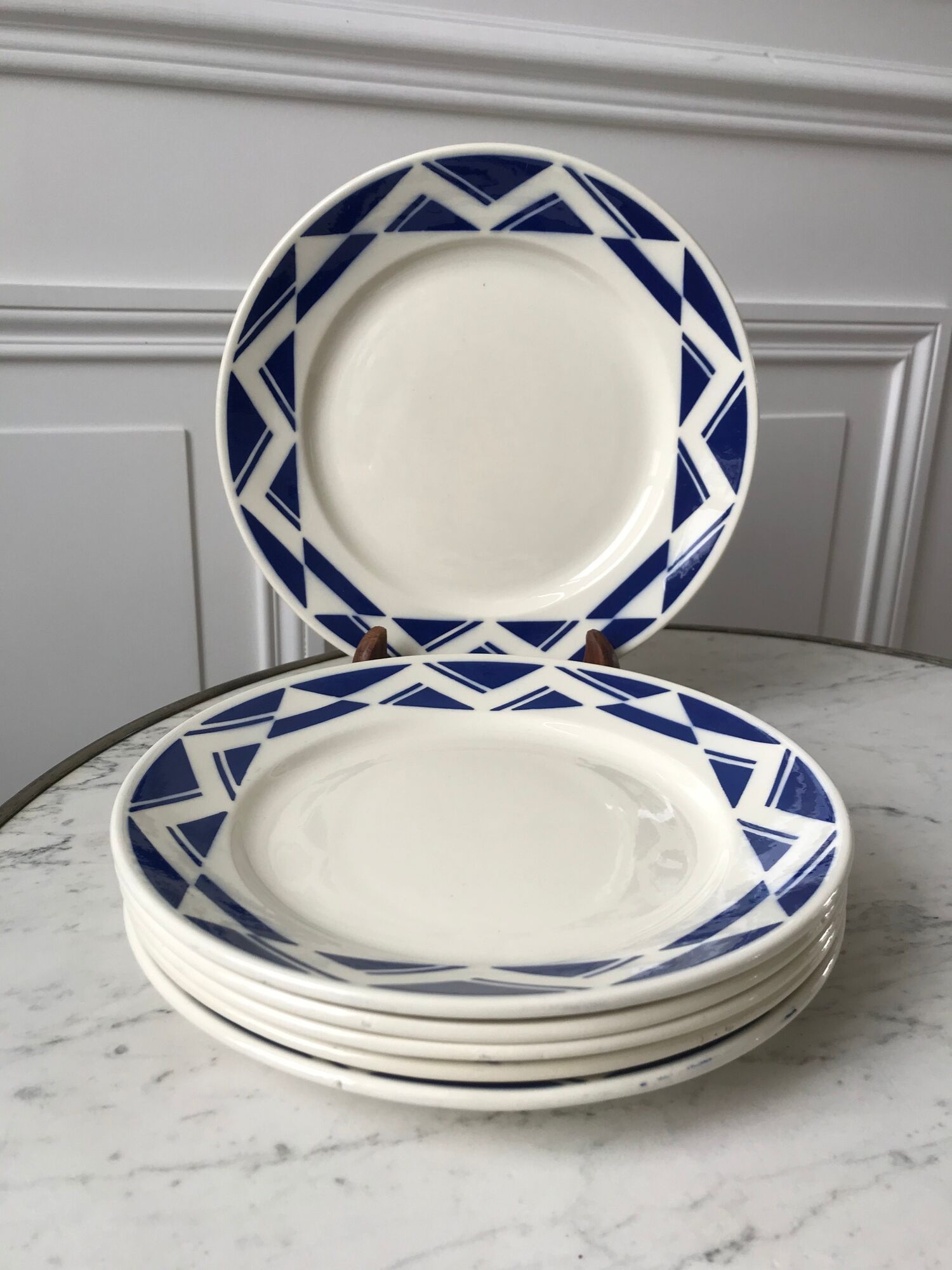 Set of 6 flat plates Badonviller model Courtilles royal blue art deco 30s