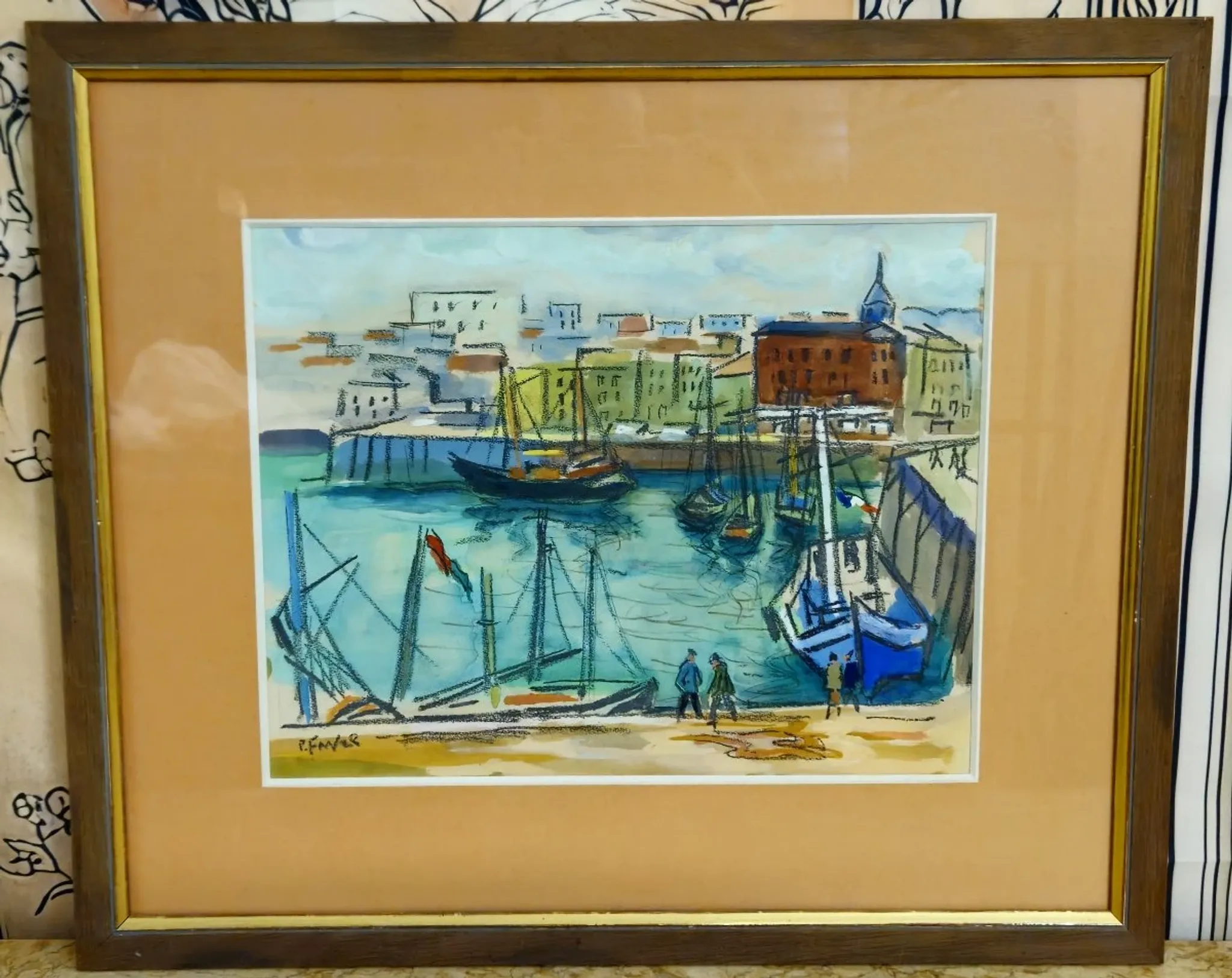 Watercolour / mixed media – Busy port – Signed R. Favier – Framed