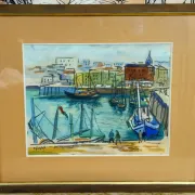 Watercolour / mixed media – Busy port – Signed R. Favier – Framed