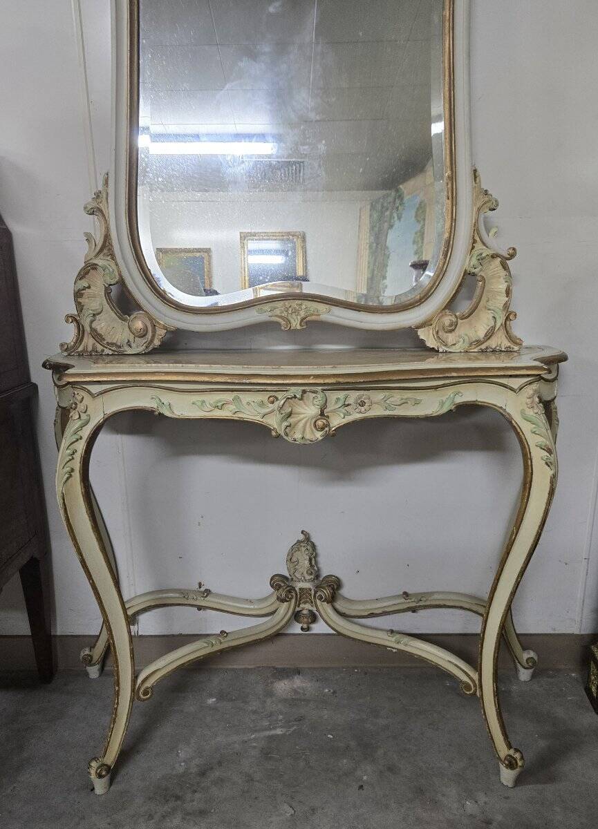 Console + grand miroir de style Louis XV en bois laqué et doré