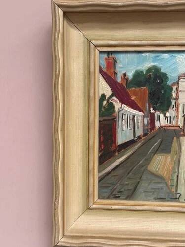Mid-Century Oil on Panel “Street View” by J. Ioliv, Vintage & Framed 25×31cm