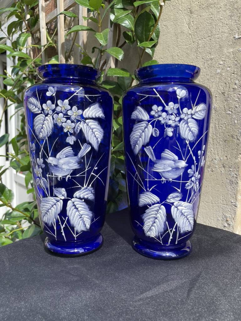 Pair of numbered white enamelled cobalt blue blown glass vases