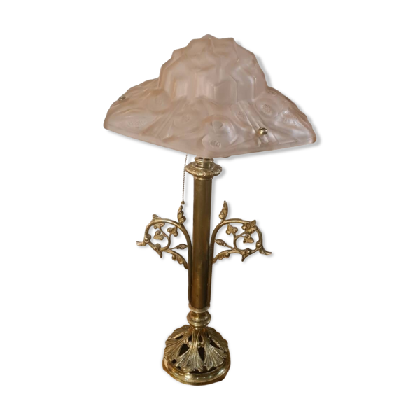 lampe art nouveau bronze et laiton et abat-jour signé dégue rose opaque — Beyit