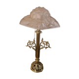 art nouveau bronze and brass lamp and lampshade signed opaque pink degue