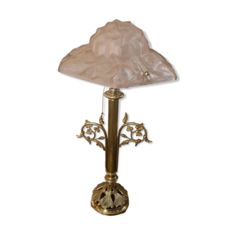 art nouveau bronze and brass lamp and lampshade signed opaque pink degue
