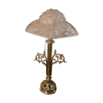 art nouveau bronze and brass lamp and lampshade signed opaque pink degue