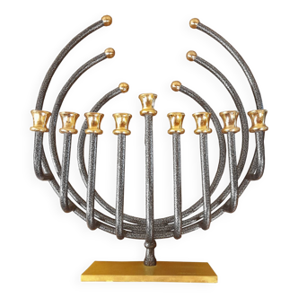 Menorah Hanoukia gold and silver plated, made in Israel by Karshi, 1970