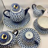 Service à thé russe en porcelaine Lomonosov en filet de Cobalt