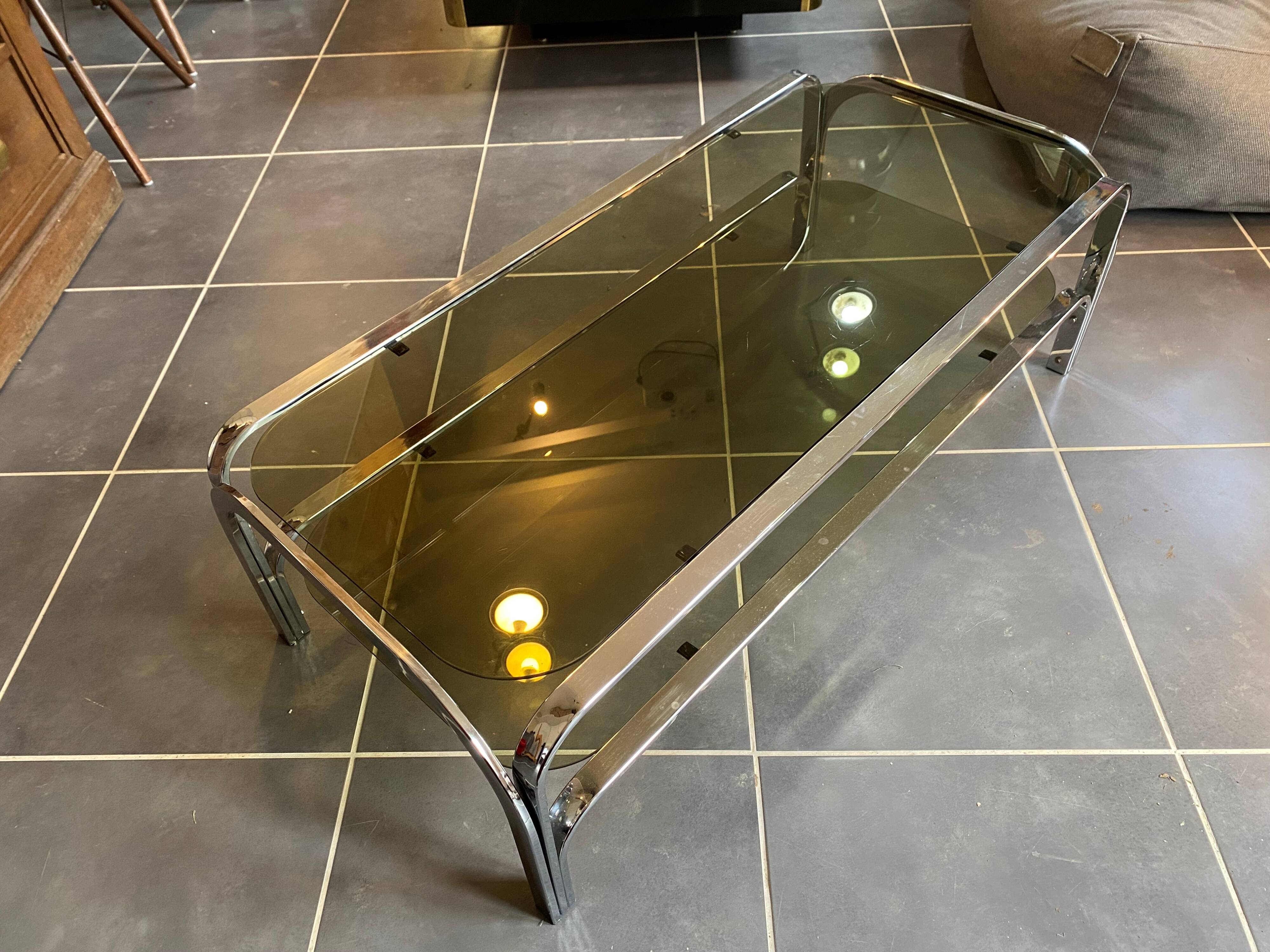 Table basse double plateau verre chrome style Bauhaus vintage 1970