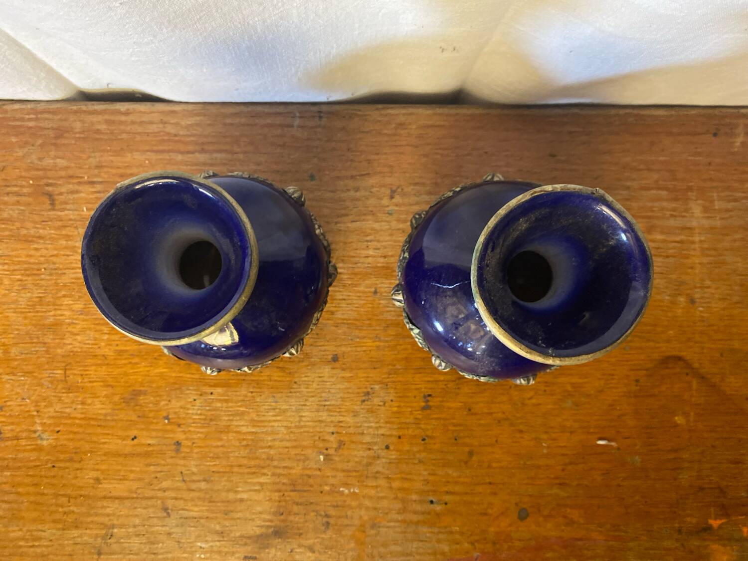 Pair of antique cobalt blue ceramic vases + vintage metal decor