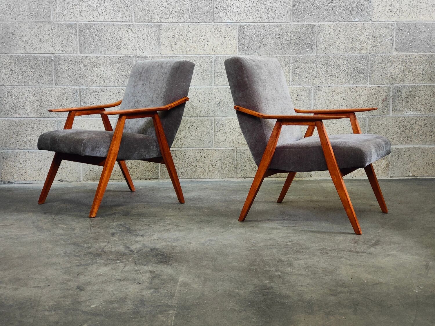 Pair of armchairs czechoslovakian midcentury renovated gray velvet