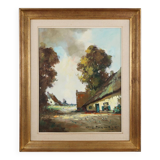 20th Century Belgian Painting of a farm scene with gilded wooden frame
