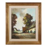 Peinture belge du XXe siècle représentant une scène de ferme avec cadre en bois doré