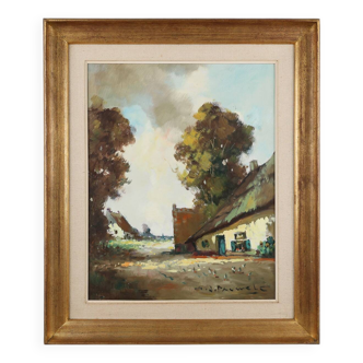 20th Century Belgian Painting of a farm scene with gilded wooden frame