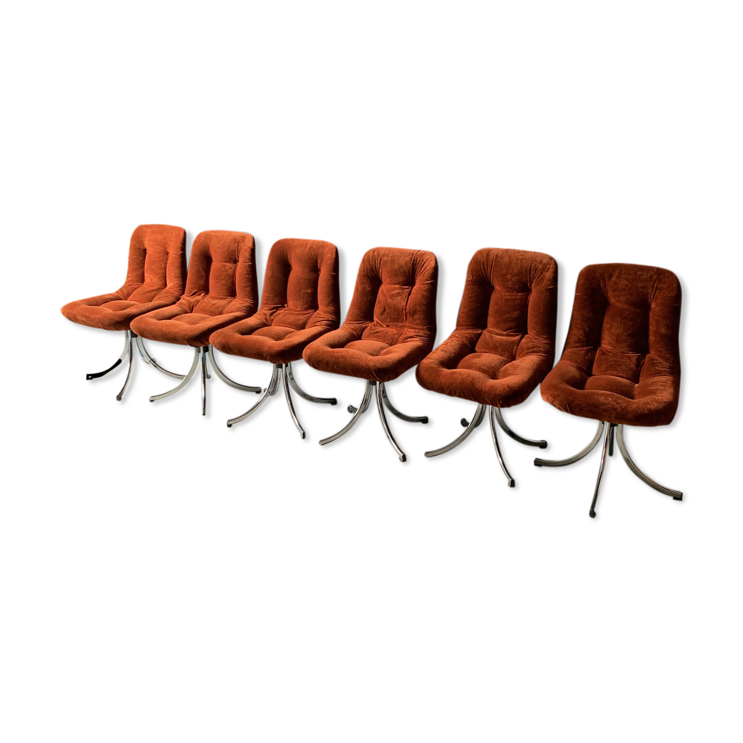 Series of 6 velvet/chrome swivel chairs from the 70s