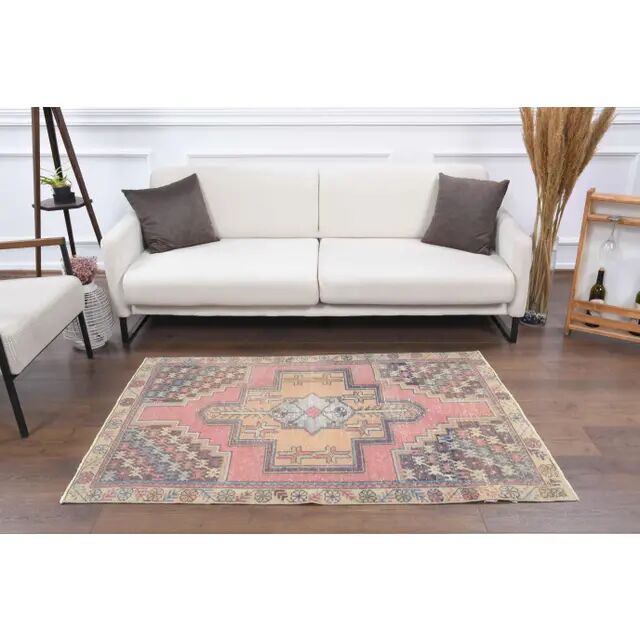 Vintage Turkish Oushak handmade wool cotton pink area rug 106x167