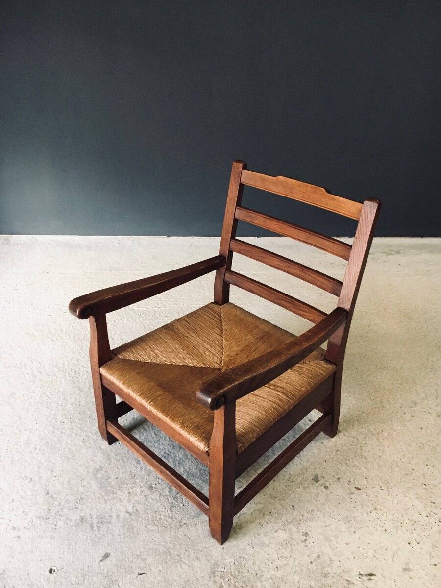 Rustic Oak & Rush Armchair, France, 1930s