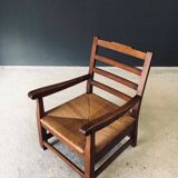Rustic Oak & Rush Armchair, France, 1930s