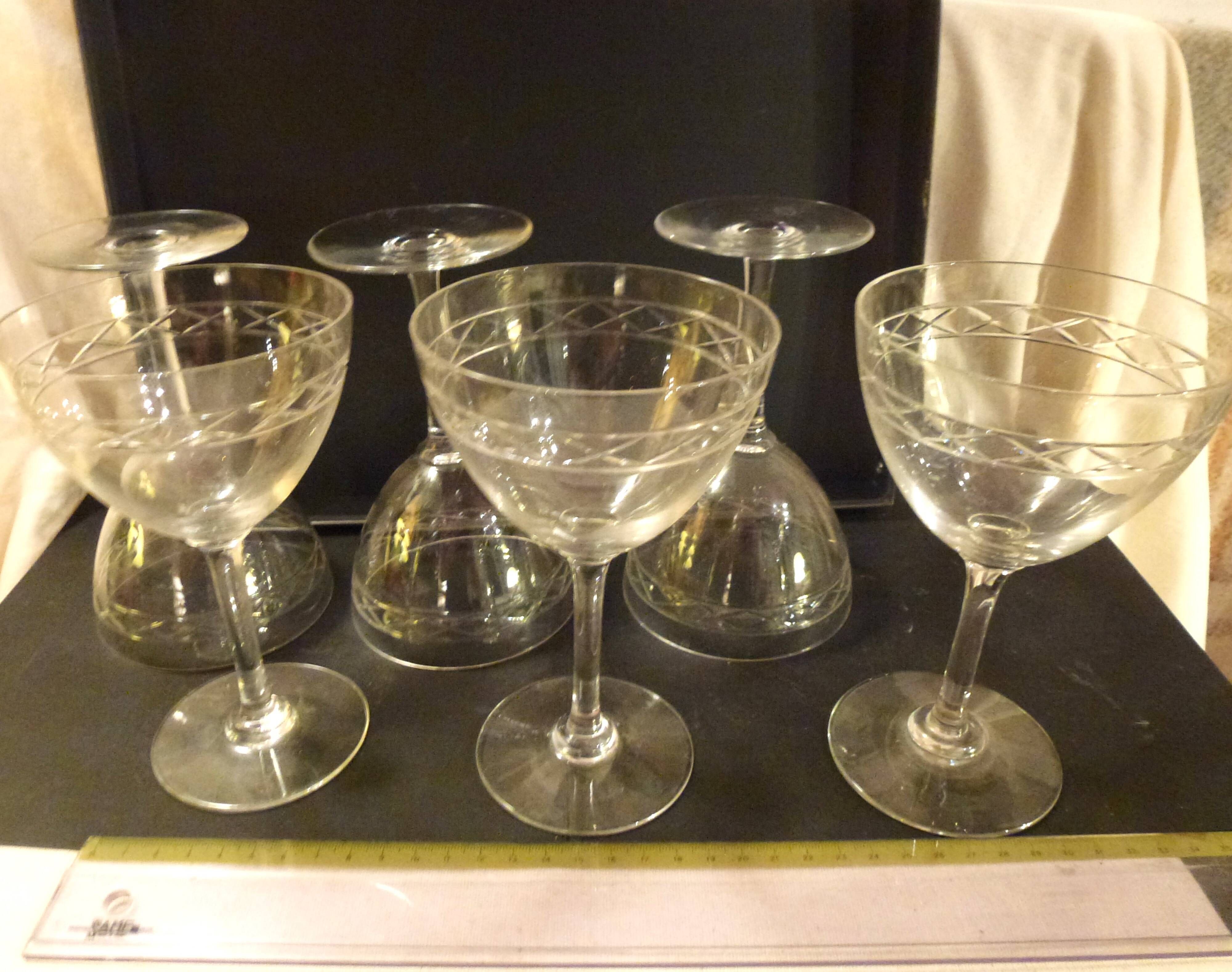 Set of 6 vintage engraved crystal champagne glasses