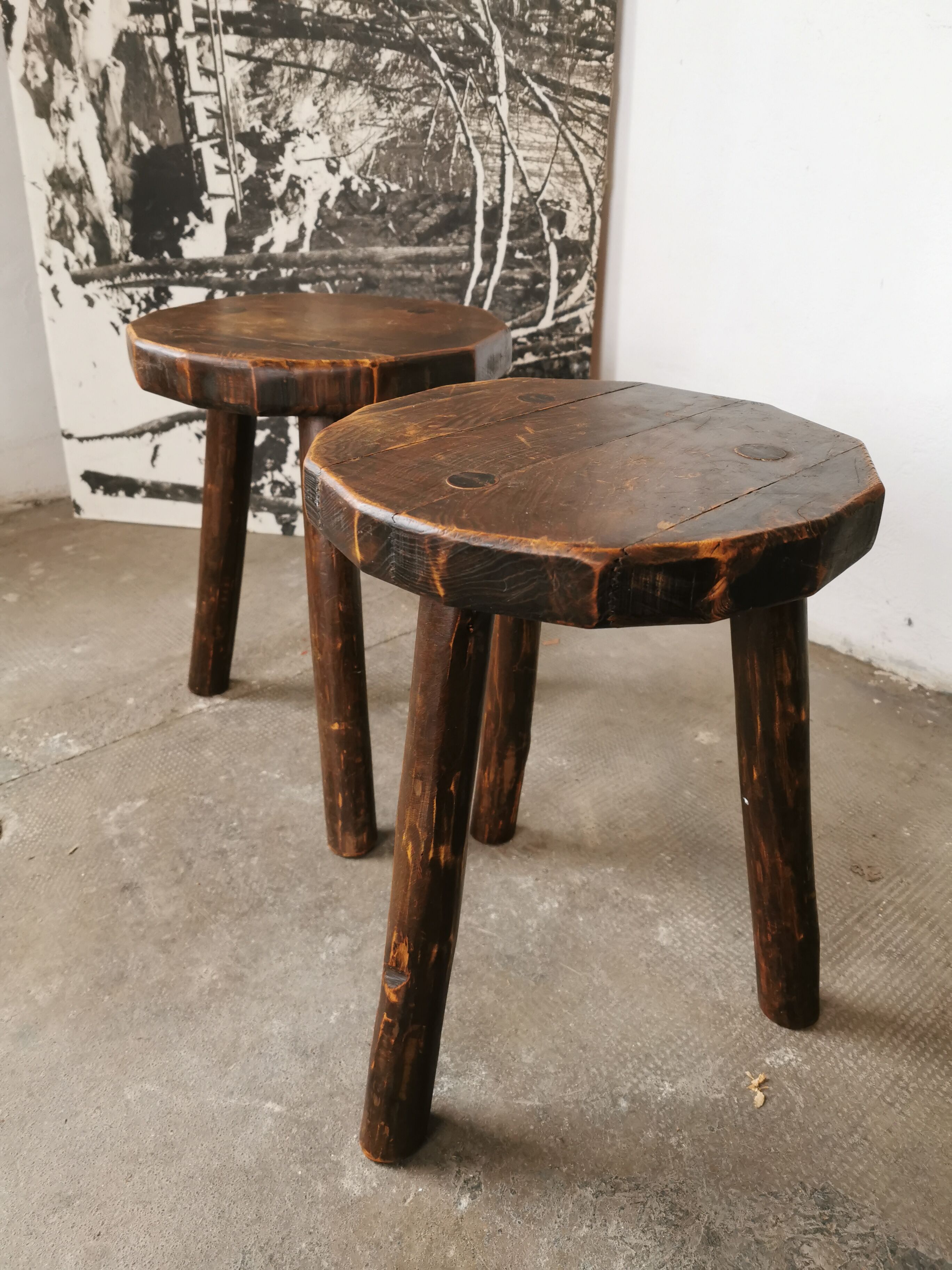 Pair of brutalist wooden stools