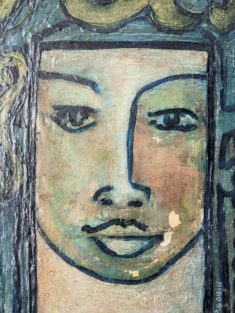 Antique acrylic painting on canvas vintage ethnic tribal portrait