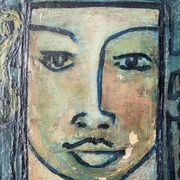 Antique acrylic painting on canvas vintage ethnic tribal portrait