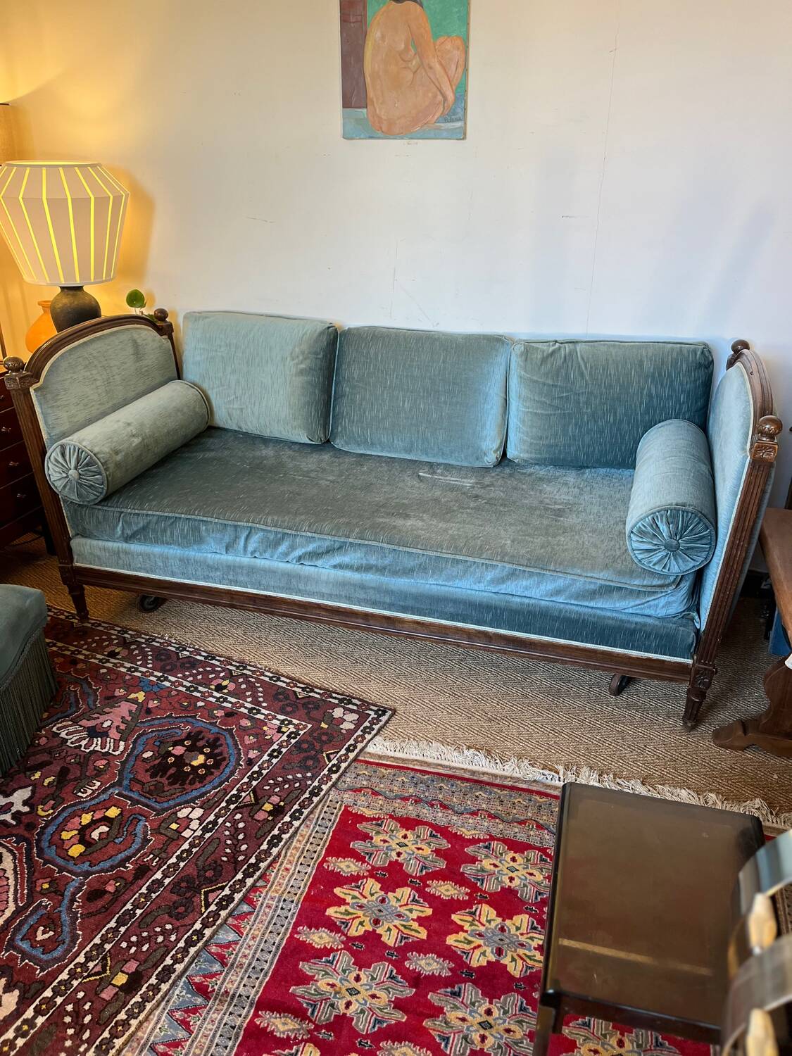 Vintage Louis XVI style blue velvet sofa